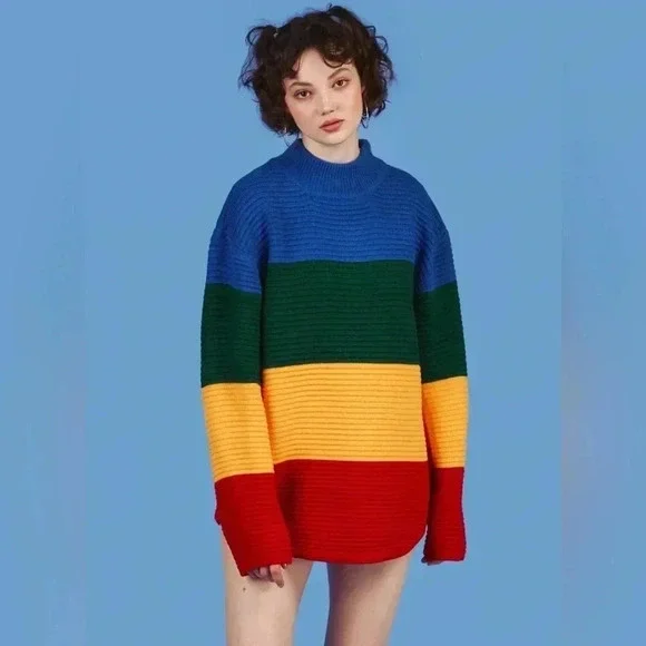 UNIF Women's Small Crayola Sweater Stripe Primary Color Block Mock Neck Emma Cha - Picture 4 of 16